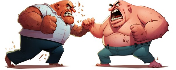Two giant scary cartoon men fighting each other on white background Generative AI - obrazy, fototapety, plakaty