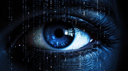 internet security and privacy challenges. Use a human eye and digital binary code to convey the idea of surveillance by cybercriminals.