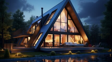 A cozy A-frame house nestled in the tranquil woods, illuminated by the shimmering pool under the night sky