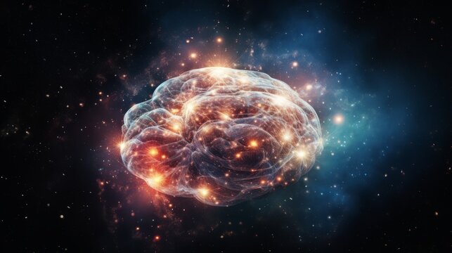 Space background with silhouette of human brain. The concept of artificial intelligence, cosmic consciousness.
