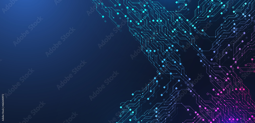 Fototapete Quantum technologies concept. Deep learning artificial intelligence. Circuit board texture background design. Big data algorithms visualization. Neural networks illustration.