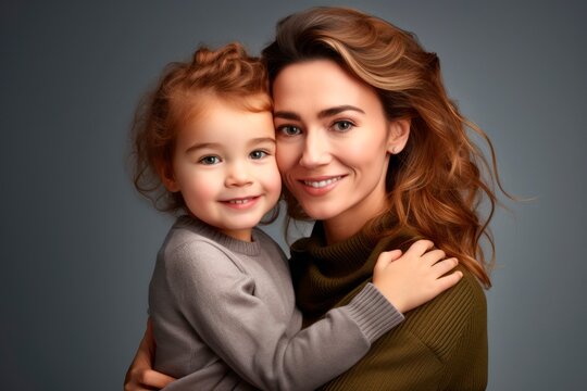 Happy smiling woman with daughter on gray background. Family photo of mother and daughter.