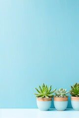 minimalistic blue background with succulents, with empty copy space