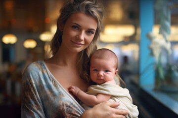 A young girl with a newborn baby in her arms.