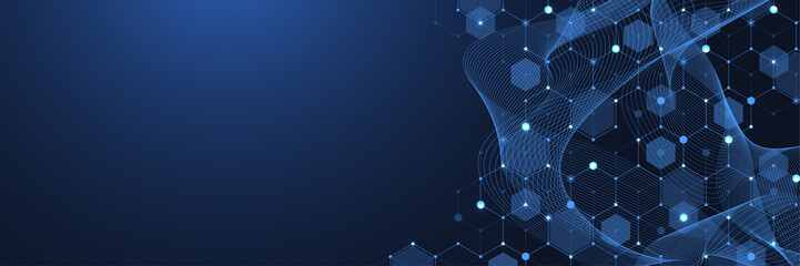 Molecular structure background. Science template wallpaper or banner with a DNA molecules. Asbtract molecule background with hexagons, wave flow, illustration.