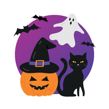 Cute halloween pumpkin with witch hat, black cat and ghost banner.