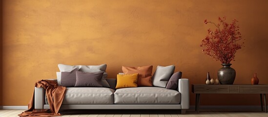 Autumn colored living room interior with a cozy corner sofa and a compact coffee table in front With copyspace for text