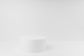 Abstract one white round podium for cosmetic products as mockup on white background. Stage for presentation products, gifts, goods, advertising, design, sale, text, display, showing in simple style.