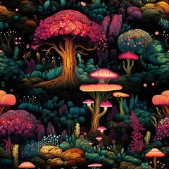 seamless pattern of fantasy trees and mushrooms.