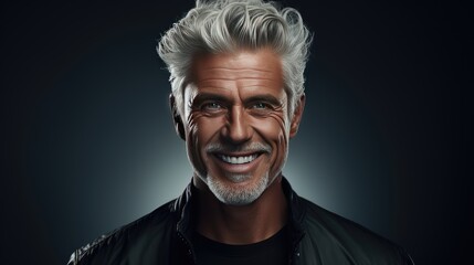 Fototapeta premium Portrait of smiling mature man standing on dark background