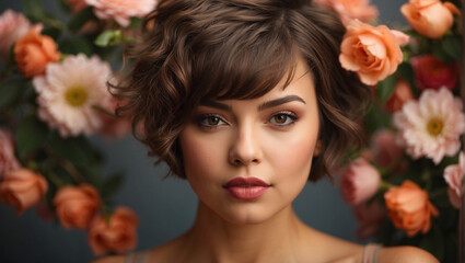 Naklejka premium Attractive brunette girl with big beautiful bouquet of flowers. Beautiful white girl with flowers. Pretty woman with bright cherry lipstick. Art portrait with flowers.
