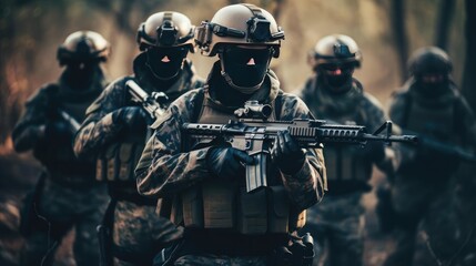 A group of soldiers with weapons training - obrazy, fototapety, plakaty