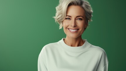 Fototapeta premium Friendly smiling middle-aged blonde woman isolated on green background.