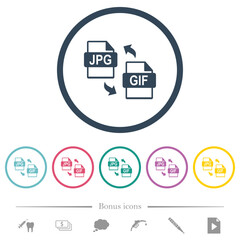 JPG GIF file conversion flat color icons in round outlines