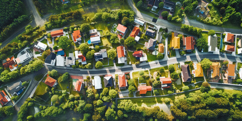 Family colorful houses in neighborhood with green trees, Aerial View - obrazy, fototapety, plakaty