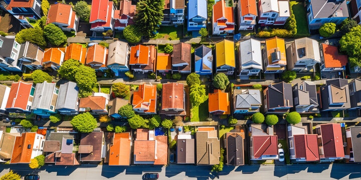 Family colorful houses in neighborhood with green trees, Aerial View