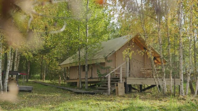 Beautiful house on stilts in a camping in the woods among the birches on a bright sunny summer or autumn day. A house in the forest. Recreation in the wild. Life away from the big city. 4k footage