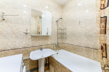 interior apartment room bathroom, sink, decorative elements, toilet