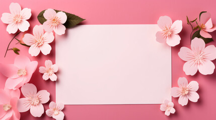 Obraz na płótnie Canvas Top view of a pink paper letter and flowers with copy space