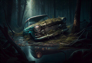 A broken car left in the woods - obrazy, fototapety, plakaty