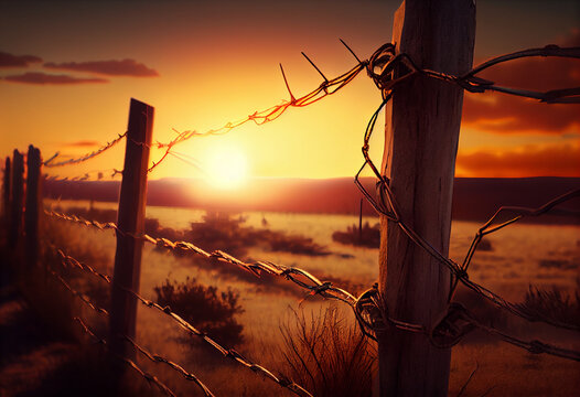 Barbed wire fence in front of Dramatics orange and red sunset or sunrise sky with clouds for background