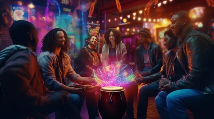 A vibrant drum circle with people gathered around - obrazy, fototapety, plakaty