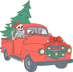 Skeleton is driving a red truck with a Christmas tree.