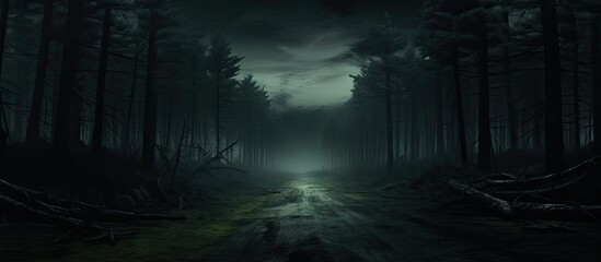 Gloomy woods with eerie road blending reality and fantasy With copyspace for text