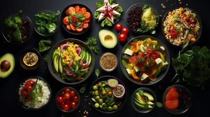 A colorful and diverse spread of delicious food on a dining table