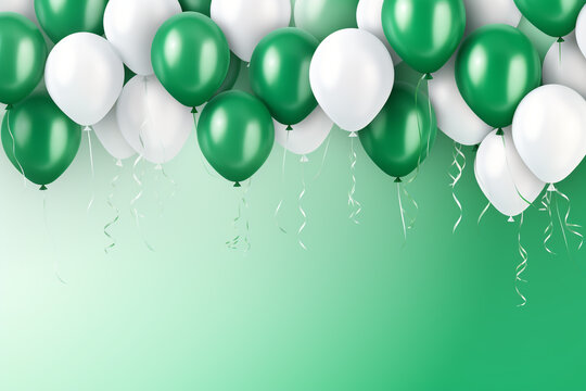 grüne und weiße Ballons mit Platz für Text. Querformat. Generative Ai.