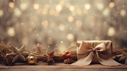 Christmas rustic gift box and natural decor elements. Earthy tones Christmas background with rustic gift box and lace ribbon web banner
