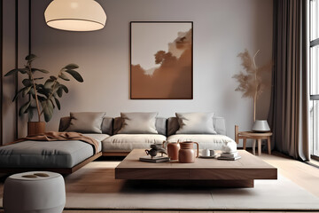 White sofa and wooden square coffee table in a space with a poster-art-covered grey wall. Modern living room interior design in a minimalist style
