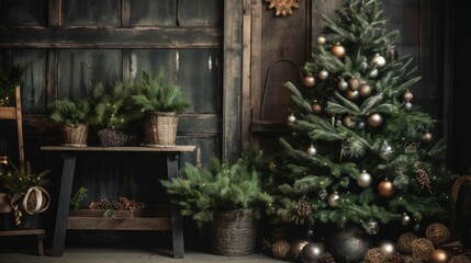Rustic Christmas tree with natural earthy tones rustic decorations on wooden wall background. Rustic interior decorated for the new year. Christmas tree in a cozy living room