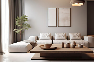 Naklejka premium White sofa and wooden square coffee table in a space with a poster-art-covered grey wall. Modern living room interior design in a minimalist style 