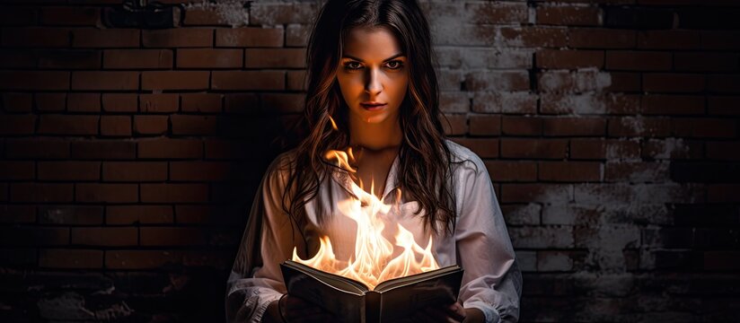 Eerie spectral girl holding fiery book in dim room with brick wall Halloween horror With copyspace for text