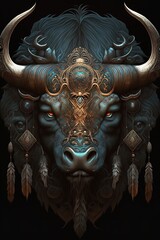 Fototapeta premium Digital art of a bull's head with feathers and a mandala on its head.