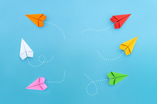 Paper plane on blue background. Different vision creative and Innovative solution. copy space
