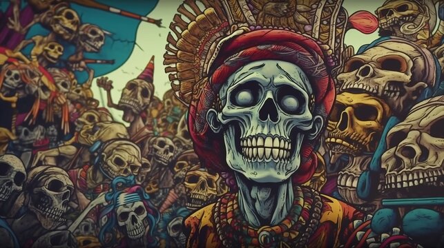 A dead voodoo shaman surrounded by an army of skeletons. Fantasy concept , Illustration painting.