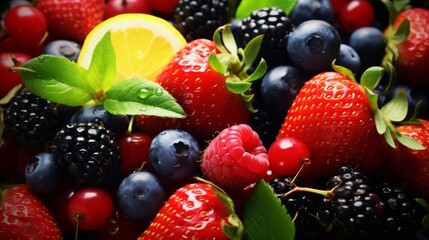 A colorful assortment of berries and a vibrant lemon - obrazy, fototapety, plakaty
