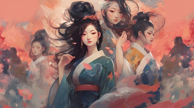 Beautiful Chinese women in kimonos. Fantasy concept , Illustration painting.
