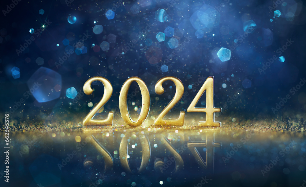 Wall mural 2024 new year celebration - golden number with glitter at blue eve night in abstract defocused light - Wall murals
