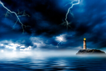 ocean with stormy sky and a lighthouse