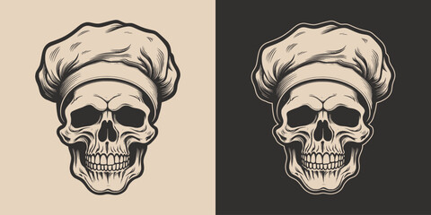 Set of vintage skull cook chef in hat uniform. Can be used for restaurant food menu emblem logo. Graphic Art. Vector. Hand drawn element in engraving