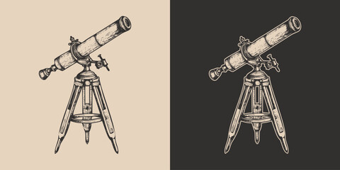 Set of vintage retro style telescope. Galaxt spave star planet watching. Science exploration vibe. Graphic Art - obrazy, fototapety, plakaty