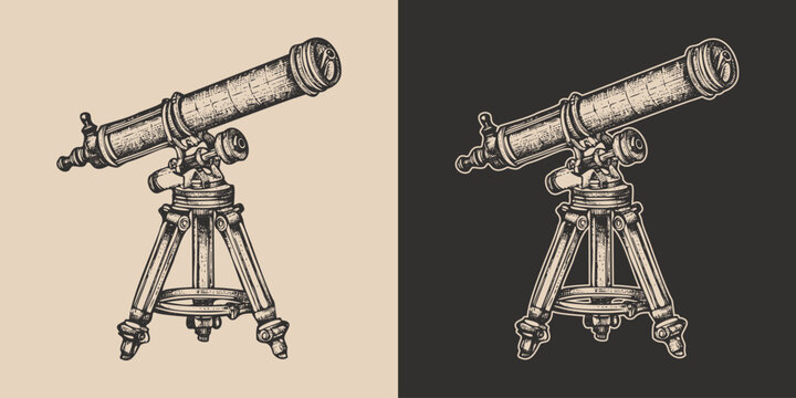 Set of vintage retro style telescope. Galaxt spave star planet watching. Science exploration vibe. Graphic Art