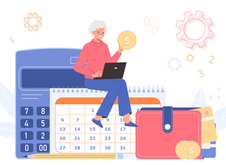 Financial literacy of elderly people. Retirement budget planning. Woman is sitting with gold coins on background of calendar. An elderly woman plans her budget.