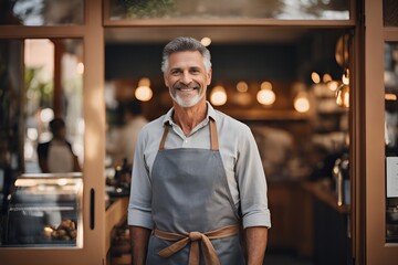 Portrait of happy man standing at doorway of his store. Cheerful mature waiter waiting for clients at coffee shop. Successful small business owner in casual wearing grey apron - obrazy, fototapety, plakaty