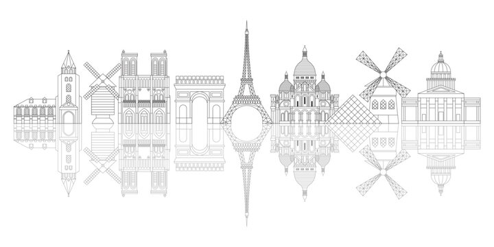 paris skyline black and white reflected clip art preview
