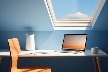 Side view of contemporary workplace with laptop, coffee cup stationery on the white table. Bright room with a window in the ceiling. Remote work from home