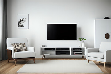 Mockup a cabinet TV wall mounted with armchair in living room with a white cement wall. 3d rendering
